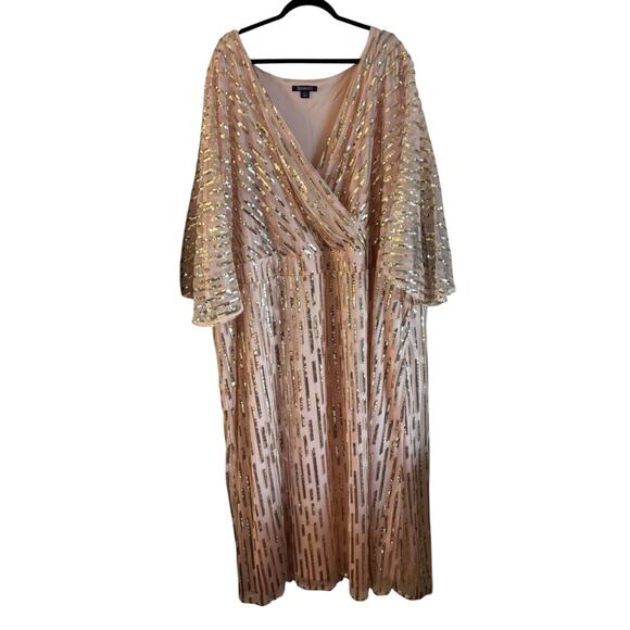 Roamans Women’s Gold Sequin Maxi Dress Blush Pink Chiffon Size 42W V Neck Event - Picture 1 of 11